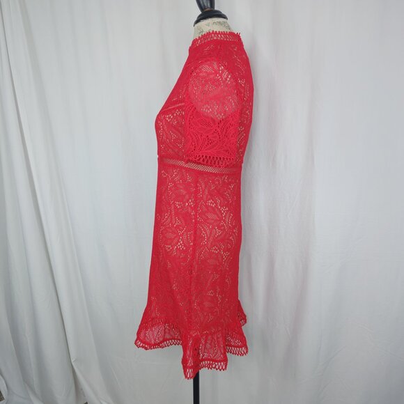 Bardot Lace Dress Medium Red Ruffle Mini - Picture 5 of 9